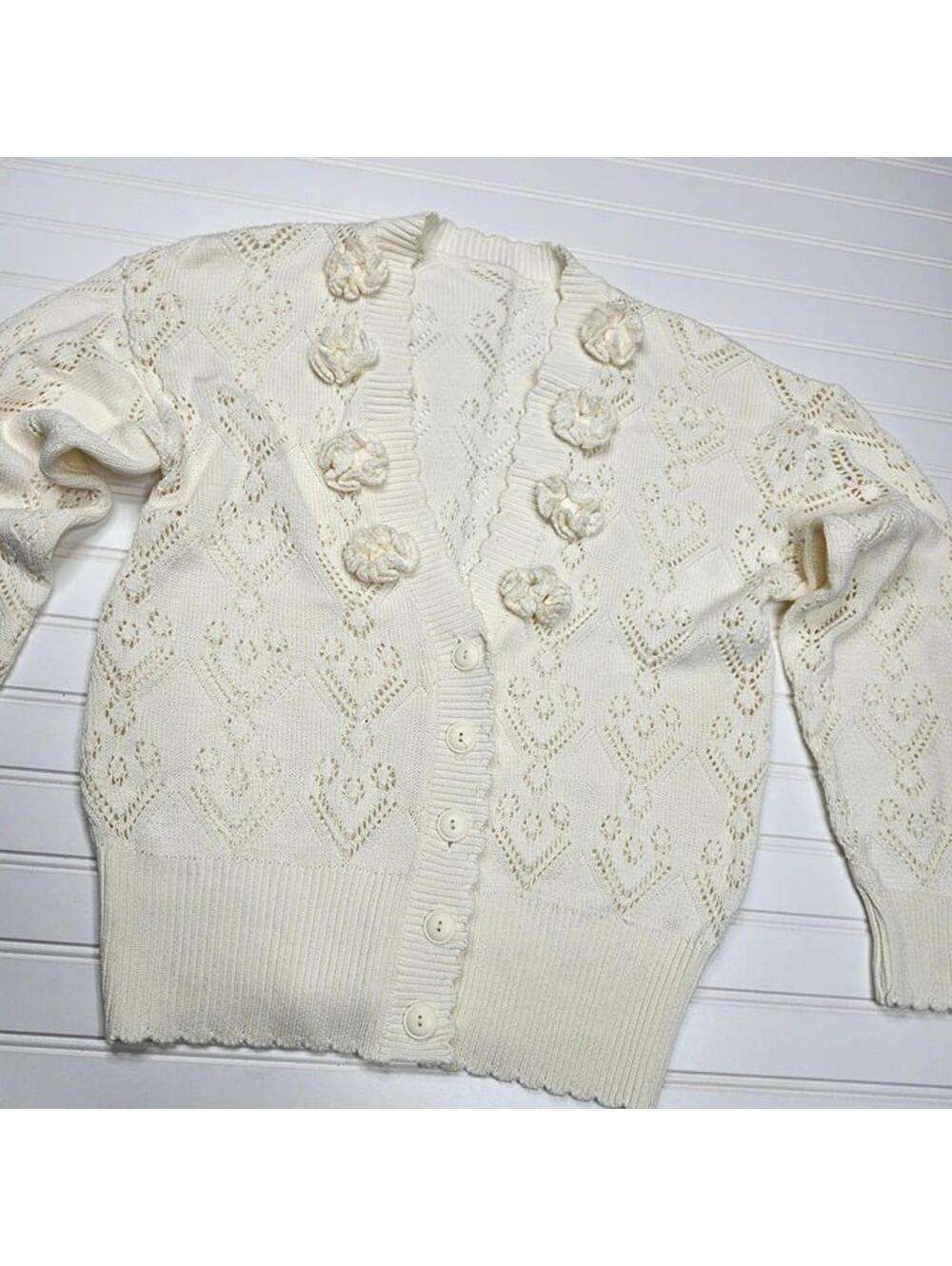 Ivory Women's Button Front V Neck Embellished Sweater Boutique Small